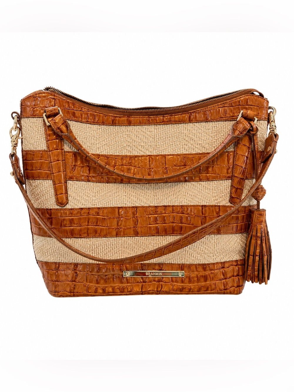 Brahmin Norah Vineyard Raffia and Embossed Whiskey Leather Hobo Handbag Purse